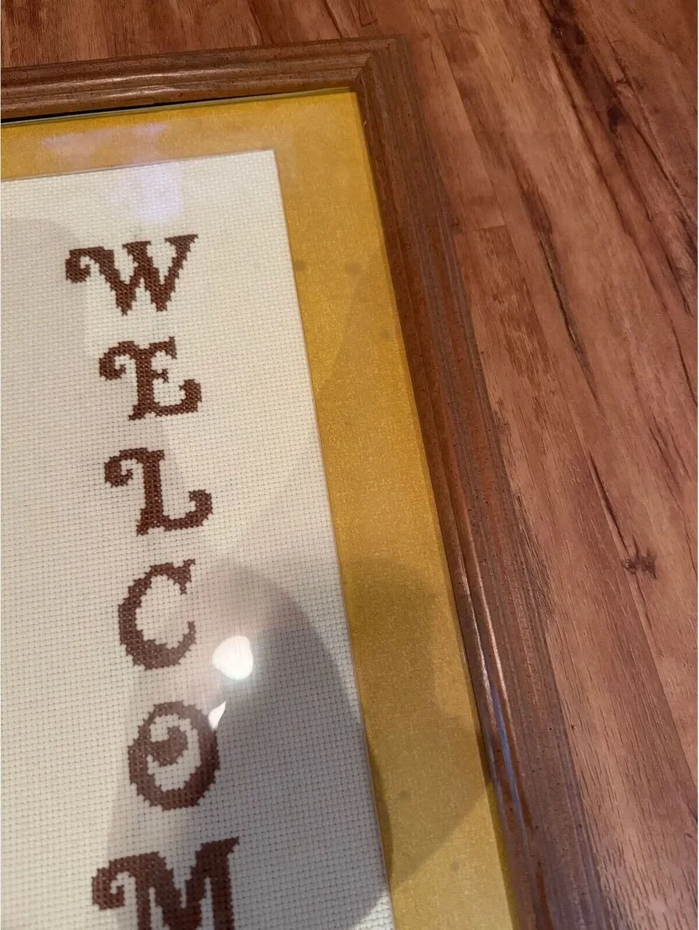 Vintage Framed Cross-stitch Welcome sign!  The back is duck taped